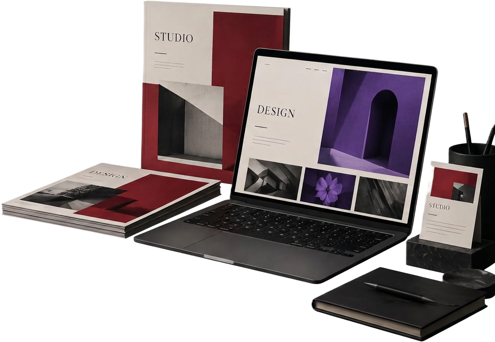 Illustrative concept of printed identity layouts, a website and an email signature